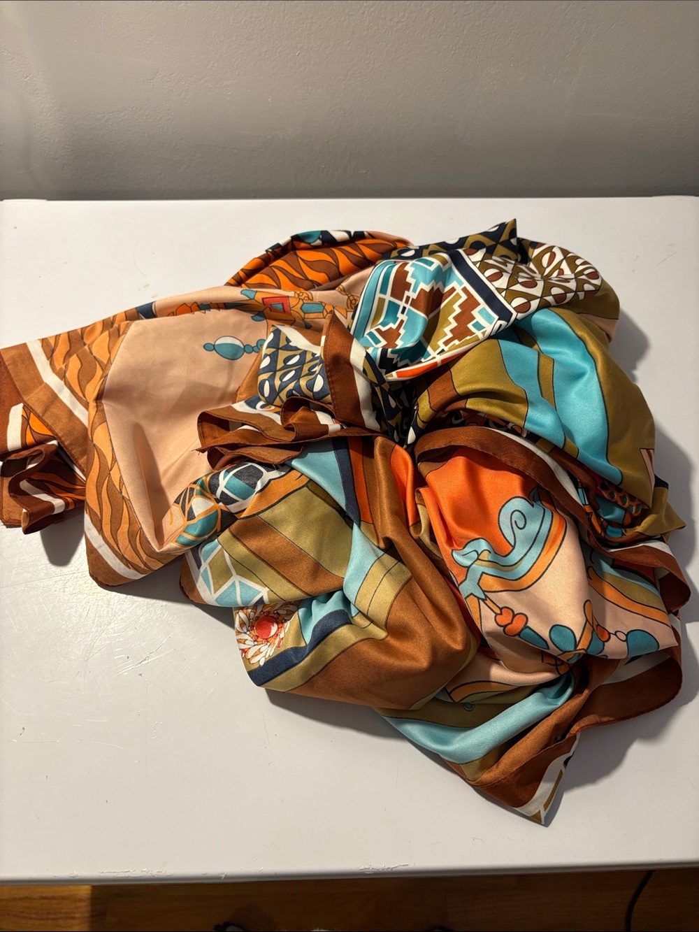Silk Patterned Scarf in Turquoise, Orange, Brown 4’x4’ ft